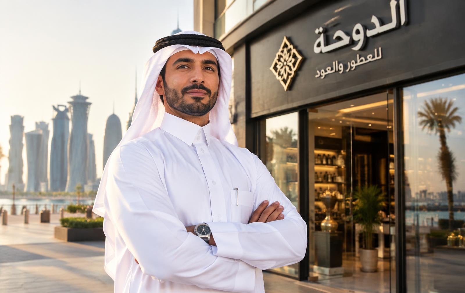 Qatari businessman standing in front of his shop in Doha